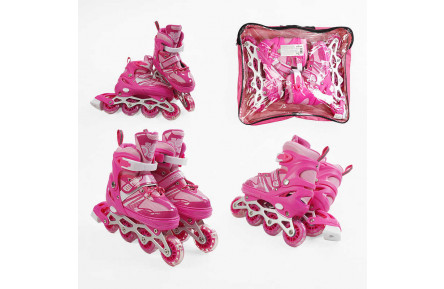 Ролики 80273-М /розмір 34-38/ колір – РОЖЕВИЙ (6) колеса PVC, ПЕРЕДНЄ КОЛЕСО СВІТЛО, d – 6.5 см, в сумці