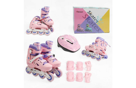 Ролики 3270-405 М розмір 35-38 (6) колір РОЖЕВИЙ, колеса PU, КОЛЕСА ЗІ СВІТЛОМ, устілка 21-24 см, d коліс – 6.5 см, шолом, захист, в коробці
