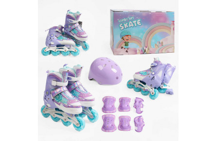 Ролики 65009-7 S розмір 31-34 (6) колір Фіолетовий, колеса PU, КОЛЕСА ЗІ СВІТЛОМ, устілка 18-20 см, d коліс – 6 см, шолом, захист, в коробці