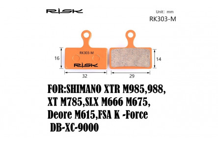 Колодки гальмівні напівметал disc RISK RK303-S Shimano M985/988/785/666/675/615, FSA K-Force DB-XC-9000 та ін.
