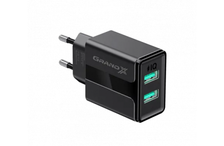Зарядний пристрій 2X-USB Grand-X CH-15В 2 USB 5V/2.4A із захистом від перенавантаження, чорний