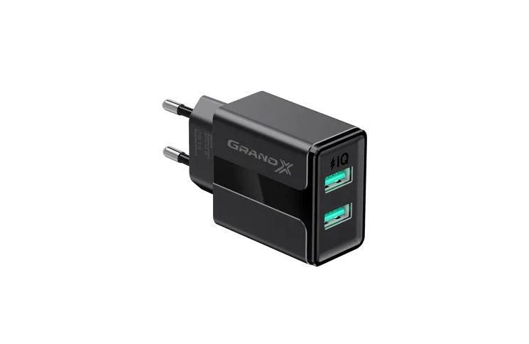 Зарядний пристрій 2X-USB Grand-X CH-15В 2 USB 5V/2.4A з захистом від перенавантаження, чорний