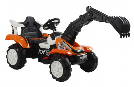 Трактор электрический JOY Т-74430 (25Вт 6В) оранжевый, USB-разъем, музыка, звуки, регулировка громкости, движущийся ковш, подсветка