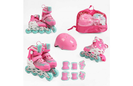 Ролики с захистом 40565-9 M розмір 35-38 (6) колір Рожевий, колеса PU, ПЕРЕДНЄ КОЛЕСО СВІТЛО, устілка 21-24 см, d колес – 6.5 см, шолом, внутрішній розмір: 19х16 см, в сумці