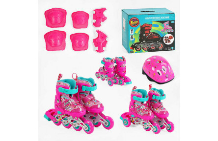 Ролики 10210-XS розмір 26-28 (6) колір РОЖЕВИЙ, колеса PVC, d колес – 6 см, переднє зі світлом, переставні колеса, шолом, захист, в коробці