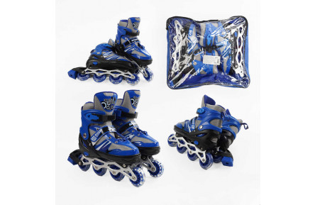 Ролики 93824-L /розмір 39-43/ колір – СИНІЙ (6) колеса PVC, устілка 24-26 см, ПЕРЕДНЄ КОЛЕСО СВІТЛО, d – 6.5 см, в сумці