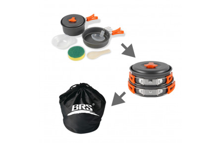 Набір туристичного посуду (каструля з кришкою, сковорідка, 2 тарілки, ложка, черпак та губка) BRS-151, алюміній