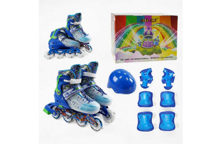 Ролики 9620-11 М размер 34-38 цвет СИНИЙ, колеса PU, d колес – 6 см, переднее со светом, шлем, защита