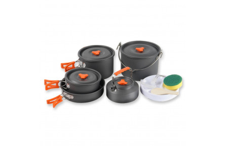 Набір туристичного посуду (2 каструлі з кришкою, котелок, сковорідка, чайник, 6 тарілок, ложка, черпак та губка) BRS-157, алюміній