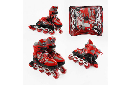 Ролики 96056-L /розмір 39-43/ колір – ЧЕРВОНИЙ (6) колеса PVC, устілка 24-27 см, ПЕРЕДНЄ КОЛЕСО СВІТЛО, d – 6.5 см, в сумці