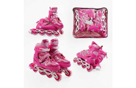 Ролики 92403-L /розмір 39-43/ колір – РОЖЕВИЙ (6) колеса PVC, устілка 25-27 см, ПЕРЕДНЄ КОЛЕСО СВІТЛО, d – 6.5 см, в сумці