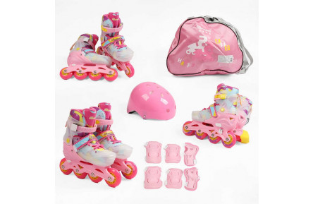 Ролики с захистом 1740-131S розмір M 35-38 (6) колір Рожевий, колеса PU, ПЕРЕДНЄ КОЛЕСО СВІТЛО, устілка 19-23 см, d колес – 6.5 см, шолом, внутрішній розмір: 19х16 см, в сумці