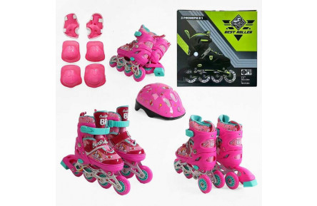 Ролики P 58810 розмір 28-31 (6) РОЖЕВІ, колеса PVC, устілка 17 - 19 см, ПЕРЕДНЄ КОЛЕСО СВІТЛО, d – 6.5 см, шолом - 21х17 см, захист, в коробці 