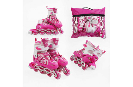 Ролики 24010-S /розмір 29-33/ колір – РОЖЕВИЙ (6) колеса PVC, устілка 16-19 см, ПЕРЕДНЄ КОЛЕСО СВІТЛО, d – 6.5 см, в сумці