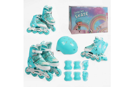 Ролики 90226-3 S розмір 31-34 (6) колір Бірюзовий, колеса PU, КОЛЕСА ЗІ СВІТЛОМ, устілка 18-20 см, d коліс – 6 см, шолом, захист, в коробці