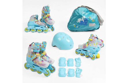 Ролики с захистом 1980-189S розмір M 35-38 (6) колір Синій, колеса PU, ПЕРЕДНЄ КОЛЕСО СВІТЛО, устілка 19-23 см, d колес – 6.5 см, шолом, внутрішній розмір: 19х16 см, в сумці