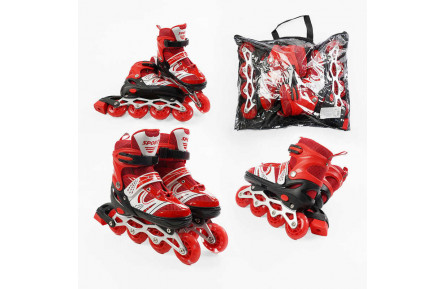 Ролики 63950-L /розмір 39-43/ колір – ЧЕРВОНИЙ (6) колеса PU, устілка 24-27 см, ПЕРЕДНЄ КОЛЕСО СВІТЛО, d – 6.5 см, в сумці