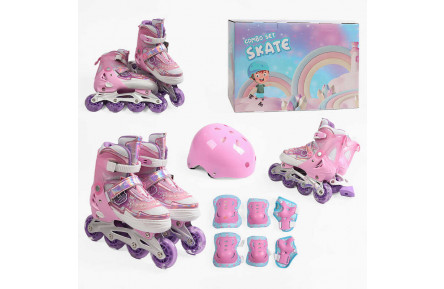 Ролики с захистом 84693-2 М розмір 35-38 (6) колір Рожевий, колеса PU, ПЕРЕДНЄ КОЛЕСО СВІТЛО, устілка 20-23 см, d коліс – 6 см, в сумці