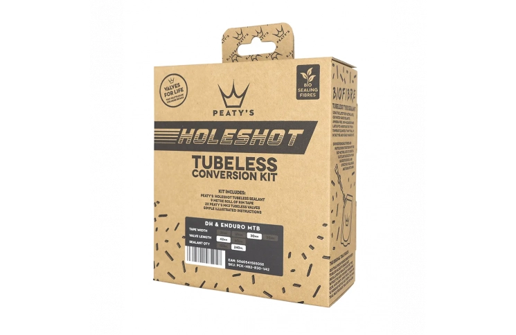 Набор для бескамерки Peaty's Holeshot Tubeless Conversion Kit, Enduro / DH, 30mm лента / 42mm ниппели / 240ml герметик