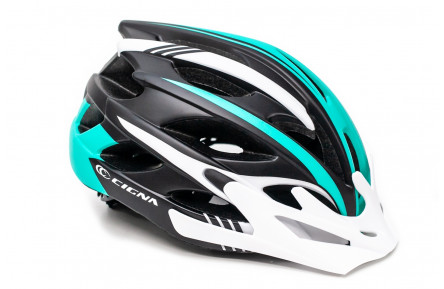 Шлем велосипедный с белым козырьком CIGNA WT-016 черно-бело-бирюзовый.