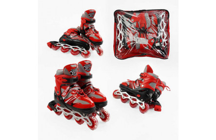 Ролики 96056-L /розмір 39-43/ колір – ЧЕРВОНИЙ (6) колеса PVC, устілка 24-27 см, ПЕРЕДНЄ КОЛЕСО СВІТЛО, d – 6.5 см, в сумці